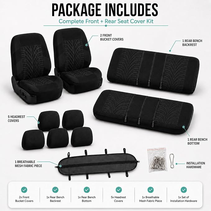 FH Group Full Set Travel Master Car Seat Covers, Airbag and Split Rear Car Seat Cover Universal Fit Interior Accessories for Cars Trucks SUV, Automotive Seat Covers,Black