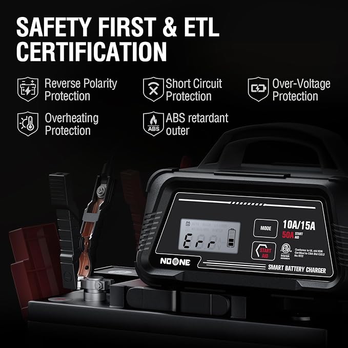 NOONE 10A/15A Smart Battery Charger - 6V/12V Fully Automatic Maintainer | with 50A Engine Start, Auto Repair & Desulfation with Overheat Protection - Compatible with Lead-Acid, AGM, LiFePO4 Batteries