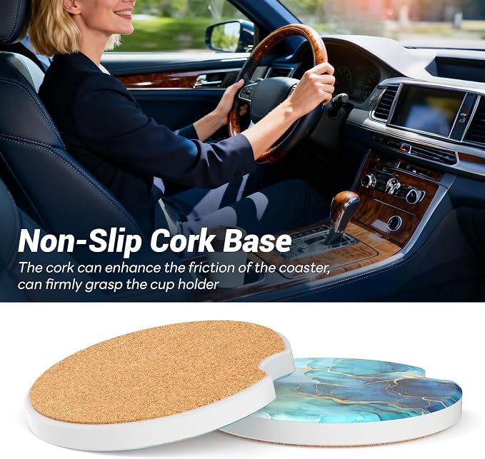 Car Cup Holder Ceramic Coasters 2 Pack, 2.56 in Anti Slip Absorbent Coaster with Cork Base and Finger Notch, Funny Cute Car Accessories Interior for Women, Green Blue Stone