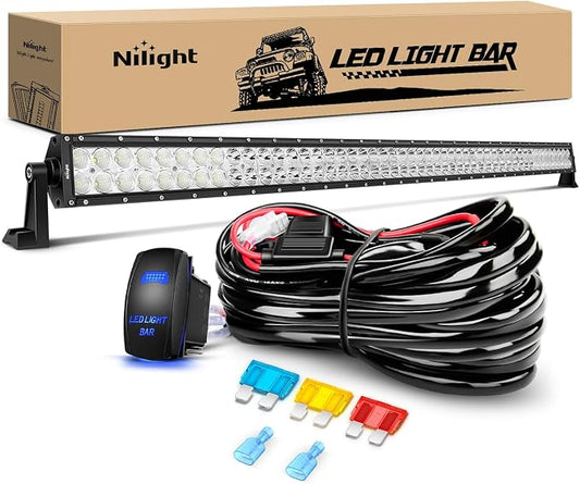 Nilight 52Inch 300W Spot Flood Combo Led Light Bar Off Road Driving Lights Boat Lights Fog Light 12V On/Off 5 Pin Rocker Switch Power 14AWG Wiring Harness Kit-1 Lead for Trucks,2 Years Warranty
