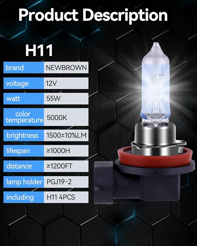 NEWBROWN H11 Headlight Bulb H11 Halogen Headlight Bulb 5000K Super White Light Long Life Replacement PGJ19-2 12V/55W (H11, 4 Pack)