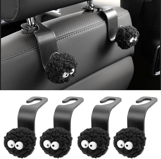 Car Seat Headrest Hook, Soot Sprites Purse Hook Holder Cute Car Storage Organizer Universal Vehicle Hanger for Hanging Handbag Grocery Bags (4 Pack)