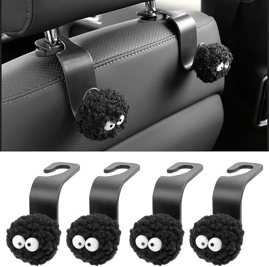 Car Seat Headrest Hook, Soot Sprites Purse Hook Holder Cute Car Storage Organizer Universal Vehicle Hanger for Hanging Handbag Grocery Bags (4 Pack)