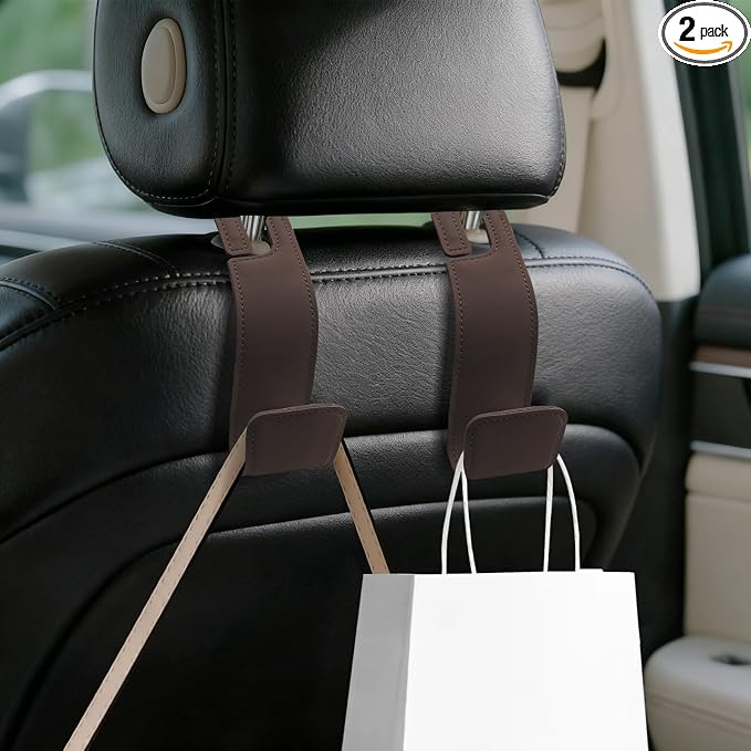 2PCS Car Seat Headrest Hooks, Purse Hook for Car, Automotive Headrest Handbags Holder, Auto Accessories Leather Seatback Organizer Hanger for Hanging Purses Bags Coats (Brown, 2PCS)