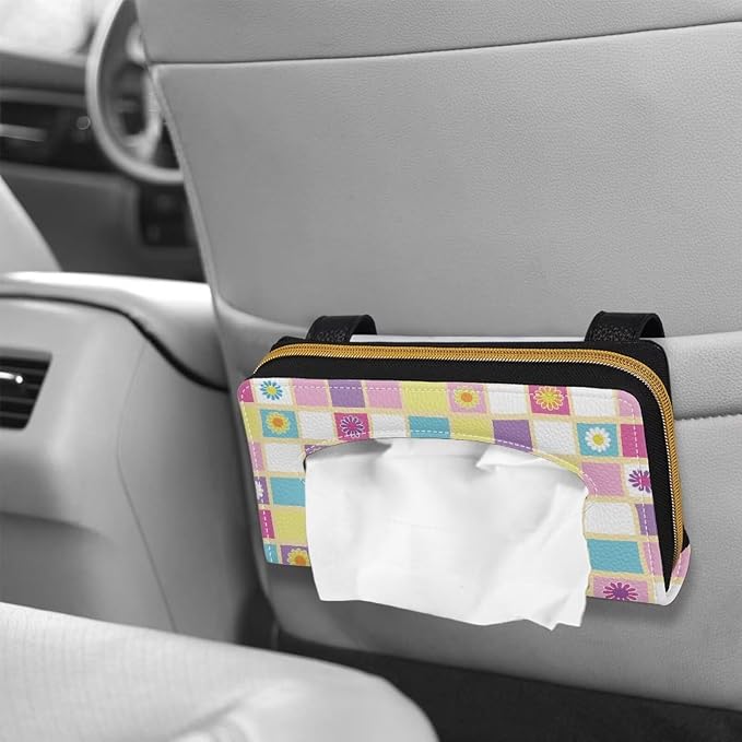 Daisy Color Plaid Car Visor Tissue Box Music Print Car Napkin Holder Daisy Car Mask Holder Tissue Holder PU Leather