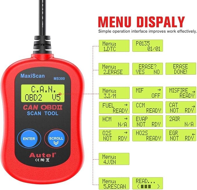 Autel MS300 OBD2 Scanner Code Reader, Turn Off Check Engine Light, Read & Erase Fault Codes, Check Emission Monitor Status CAN Diagnostic Scan Tool