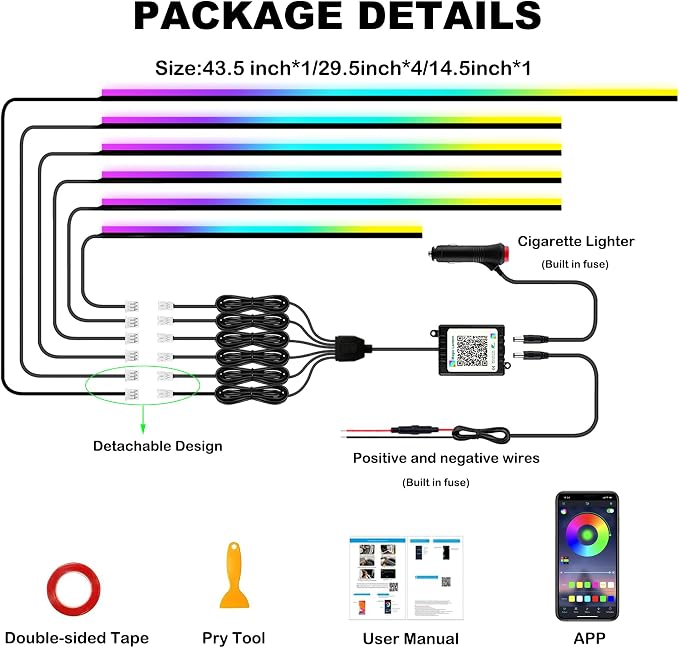 Interior Car LED Strip Lights with Wireless APP, Ambient Lighting Kits with Dynamic Dreamcolor Chasing, 16 Million Colors Acrylic LED Lights for Car, Sound Active Function Car Neon Lights (6 in 1)