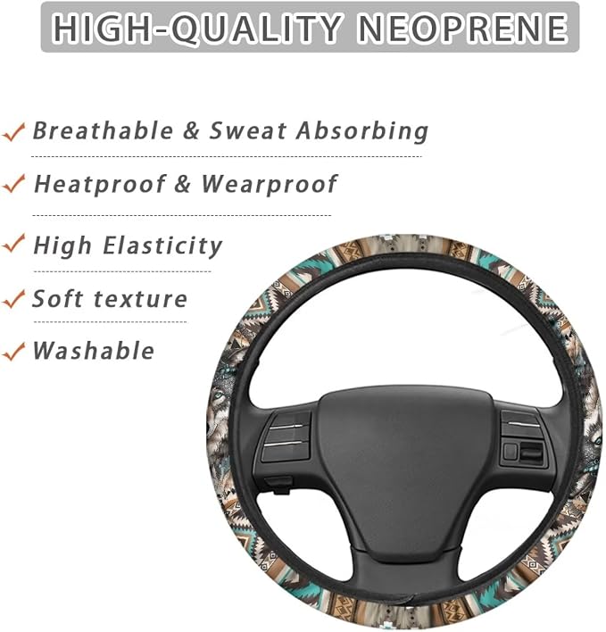 Wanyint Aztec Wolf Dream Catcher Car Steering Wheel Cover Universal 15 Inch for Cars Anti-Skid Soft Touch Elastic All Weather Protection