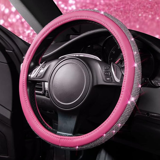 CAR PASS Bling Diamond Leather Steering Wheel Cover, with Bling Sparkly Crystal Glitter Rhinestones Universal Fit 13" 1/2-14" Car Wheel Protector for Women Girl Fit Suvs,Vans,Sedans,Car,Trucks, Pink