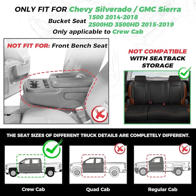 Truck Leather Seat Covers for Chevy Silverado Gmc Sierra 2014-2019 | Crew Cab 1500/2500/3500HD, Bucket Seat, NO Rear Seatback Storage, Scratch-resistant, Easy-clean, Pickup Protector, Full Set