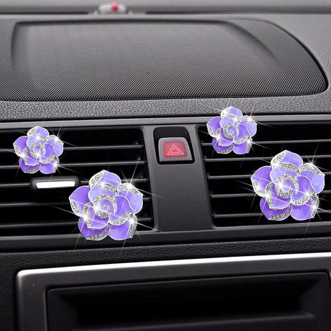 Osilly Bling Car Air Vent Clips, 4PCS/2Set Flower Rhinestone Vehicle Air Outlet Clamp, Sparkly Diamond Automotive Interior Vent Clip Charm Decor Accessories, Universal for SUV Truck RV (Purple)
