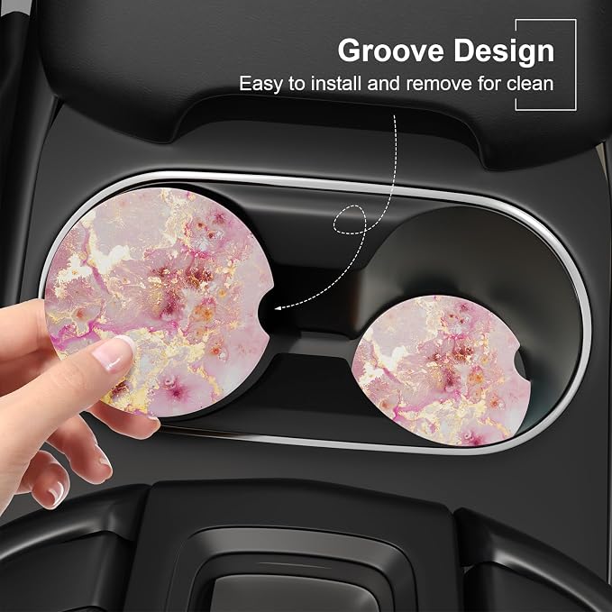 Car Cup Holder Coaster, Car Coasters for Cup Holders, 2 Pack Universal Anti Slip Insert Absorbent Ceramic Auto Interior Accessories with A Finger Notch & Cork Base, Golden Pink Marble