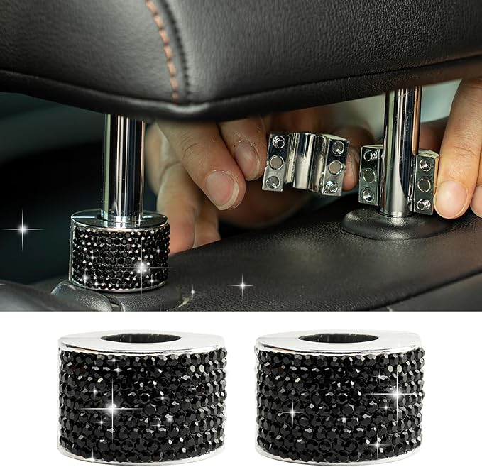 Rislobx 2PCS Magnetic Car Headrest Collars, Rhinestone Car Head Rest Collars Rings Decor, Bling Car Accessories for Women, Interior Decor Car SUV Truck (Black)