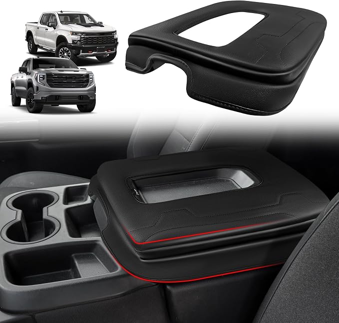 Muslogy Center Console Armrest Cover Fit for Chevy Silverado & GMC Sierra 2019-2026 Accessories, Comfort Armrest Pad Console Lid Cushion Vegan Leather 1-Inch Extra Thick(Split Bench Seat Console ONLY)