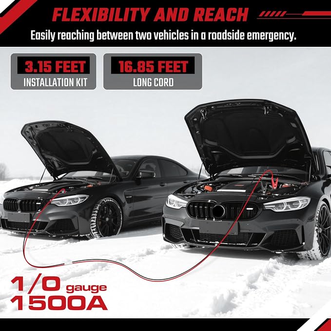 Heavy Duty Jumper Cables, 1 Gauge 1000Amp 20 feet, Booster Battery Cables with Permanent Installation kit and Quick Connect Plug for Car SUV Trucks up to 8-Liter Gasoline & 6-Liter Diesel Engines