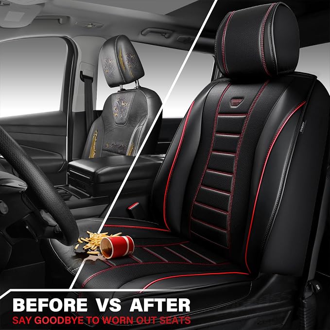 CAR PASS Nappa Leather Car Seat Covers Front Seats 3D Foam 2Pcs Black Red | Luxury Waterproof Universal FIT Piping Leather Car seat Cover Front Seats, 3D Foam Breath Perforated leather seat covers