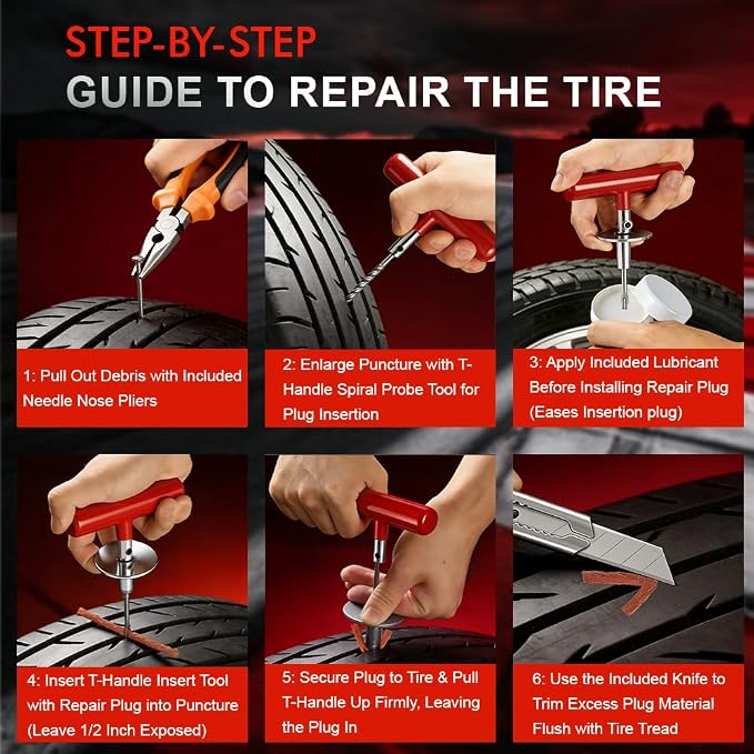 132Pcs Heavy Duty Tire Repair Kit, Professional Tire Plug Kits with Rubber Nails, 50Pcs Plugs, Fix a Flat Puncture Patch Tools for Motorcycle, Car,Truck, ATV, Auto, UTV & Lawn Mower(Tubeless)