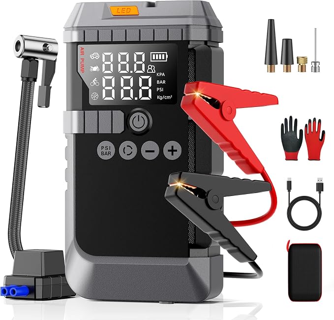 Portable Battery Jump Starter with Air Compressor for Car | 12V Jump Box with 160PSI Tire Inflator for Car Battery, LED Display for All Gas & 12L Diesel Engines, Light, Jumper Cables