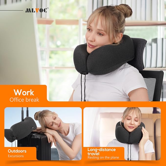 MLVOC Neck Pillow for Traveling, Upgraded 100% Pure Memory Foam Travel Neck Pillow for Airplane Flight Sleep, Breathable & Machine Washable Cover, Travel Kit with 3D Eye Mask, Earplugs & Bag, Black | Curved Neck & Chin Support, Rope Lock Fit, Memory Fo...