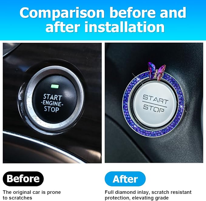 2PCS Bling Car Engine Start Stop Decoration Ring, Crystal Rhinestone Auto Push Start Button Ignition Ring Sticker, Vehicle Decor Accessories for Women Girls, Universal for Vehicles (Dark Blue)