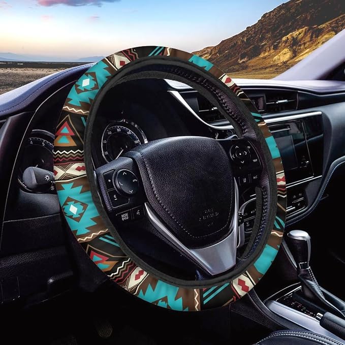 Wanyint Southwest Aztec Teal Brown Car Steering Wheel Cover Soft Stretch Auto Steering Wrap Protector for Women Men, Universal Auto Accessories Fit Most Vehicles