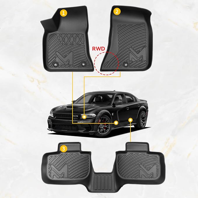 TPE Automotive Floor Mats & Cargo Liner for 2011-2023 Dodge Charger & Chrysler 300 (RWD) Rear-Wheel Drive ONLY, All Weather Cover Protection Waterproof Black Floor Liner Front & Rear Row Full Set