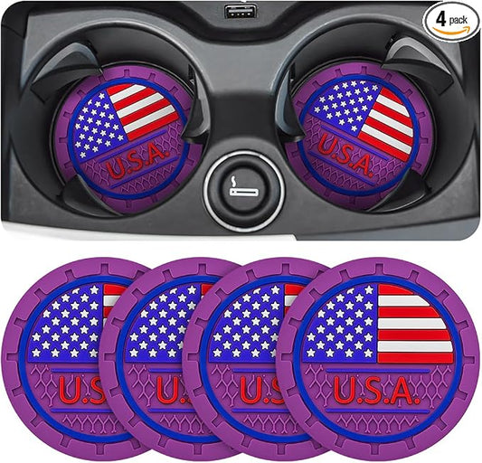 AUCELI 4 Pack Car Cup Holder Coasters, Colored American Flag US Flag Insert Car Cup Coaster, 2.75 Inch Anti Slip Shockproof Embedded Drink Mat, Vehicle Interior Decor Accessories