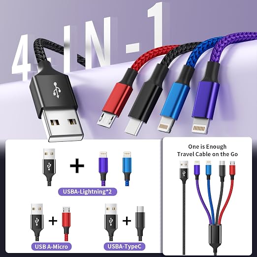 Dual IP 4 in 1 Multi Charging Cable, 1 Pack 5FT USB Charging Cord | IP/IP, USB C & Micro Ports, Nylon Braided Phone Charger Cable for Multiple Devices, Car & Travel Essentials