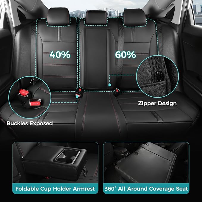 Seat Covers for Honda Civic Sedan EX-L, EX-T, EX, Touring, Sport 2016-2021, Faux Leather Car Seats Cover Full Set Waterproof Black Red Line (60/40 Split Seatback-with Rear Armrest)