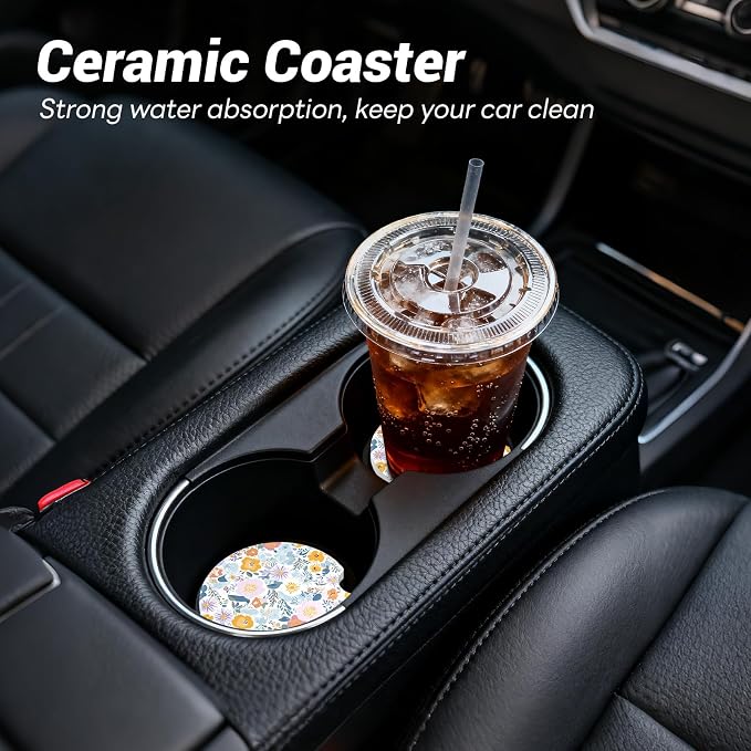 Car Cup Holder Ceramic Coasters 2 Pack, 2.56 in Anti Slip Absorbent Coaster with Cork Base and Finger Notch, Funny Cute Car Accessories Interior for Women, Garden