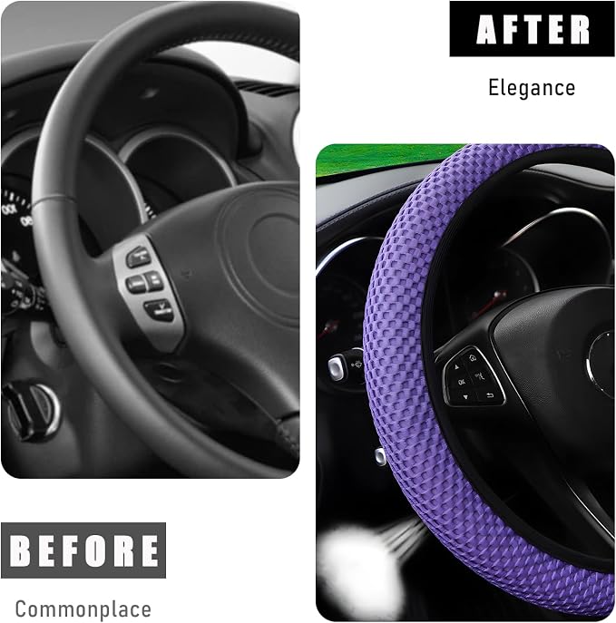 Wevdn Elastic Stretch Steering Wheel Cover, 15"×15" Microfiber Breathable Ice Silk Steering Wheel Protector, Anti-Slip Elastic Steering Wheel Cover for Men Women, Car Accessories (Purple)