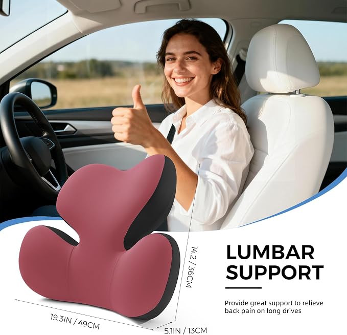 BEBAS Ergonomic Memory Foam Lumbar Support Pillow for Car, Red | Zoned Pressure Relief for Back Support, Lumbar Cushion with Fixed Ring, Breathable Washable Cover, Fits for Driving & Office
