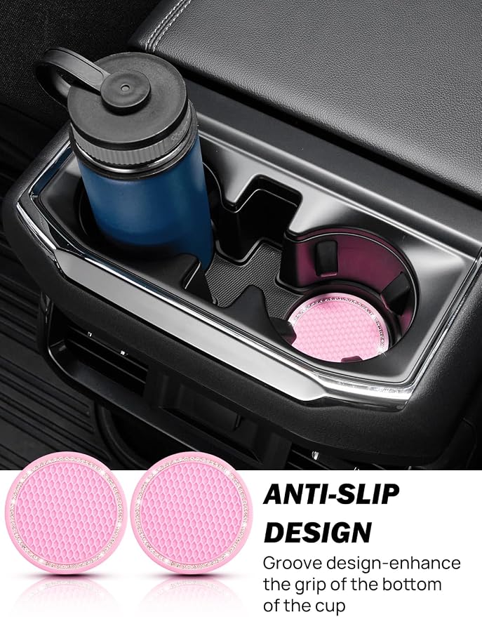 JOYTUTUS 4 Pack Car Coasters, Universal Anti-Slip Cup Holder Coasters for Car with Crystal Rhinestone, 2.75 inch/6.8cm PVC Cup Holder Insert Coaster, Pink Car Accessories (Pink with Diamond)