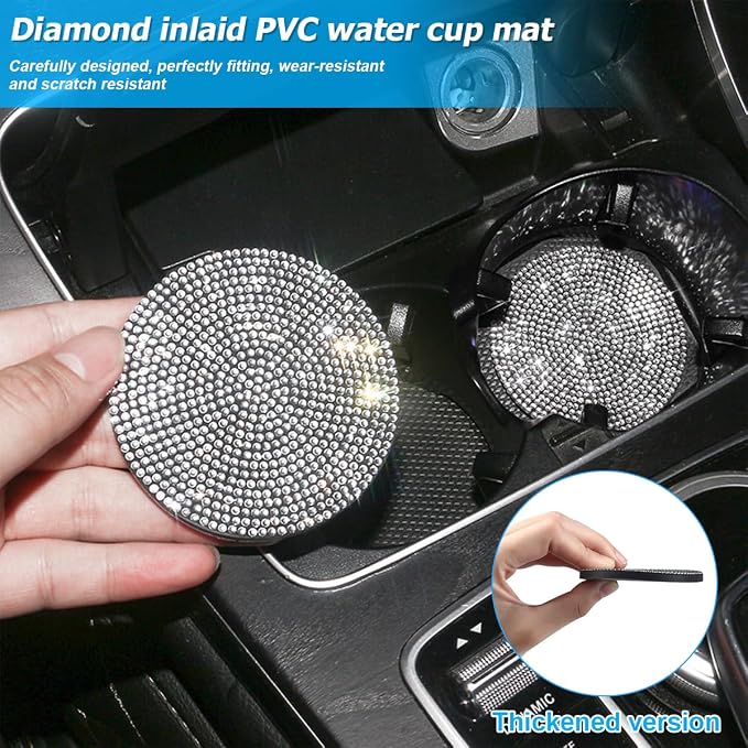 Osilly 27PCS Bling Car Accessories Set for Women, 15 Inch Reinestone Crystal Steering Wheel Covers License Plate Frame USB Charger Phone Holder Coasters, Vehicle Decorations, Universal Fit（White）