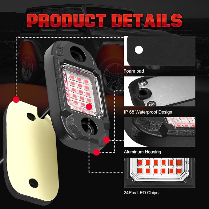 4 Pods Red Rock Lights Underglow Light for Cars Trucks Trail Rig Lamp | 24 LED chips for each light, waterproof bottom chassis lights