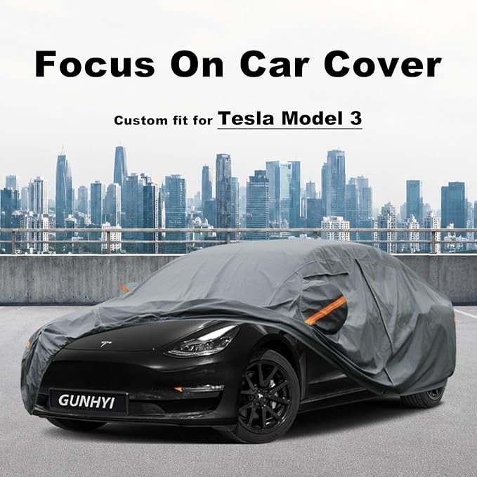 GUNHYI Premium Car Cover Custom Fit Tesla Model 3 (2017-2026), 16 Layers Heavy Duty Car Cover Waterproof All Weather with Zipper Door for Sun Rain Snow Dust Uv Protection