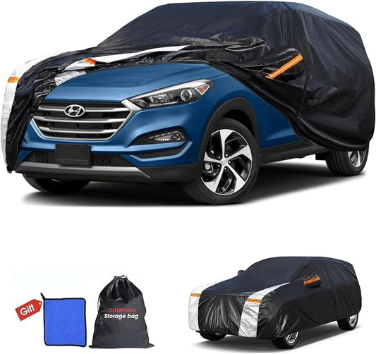 Multi-Layer Car Cover Custom Fit for Hyundai Tucson (ix35)(2015-2026), 100% Waterproof All Weather for Automobiles, Gift with Towel, Heavy Duty Car Covers for Rain Sun UV Protection with Door Zipper