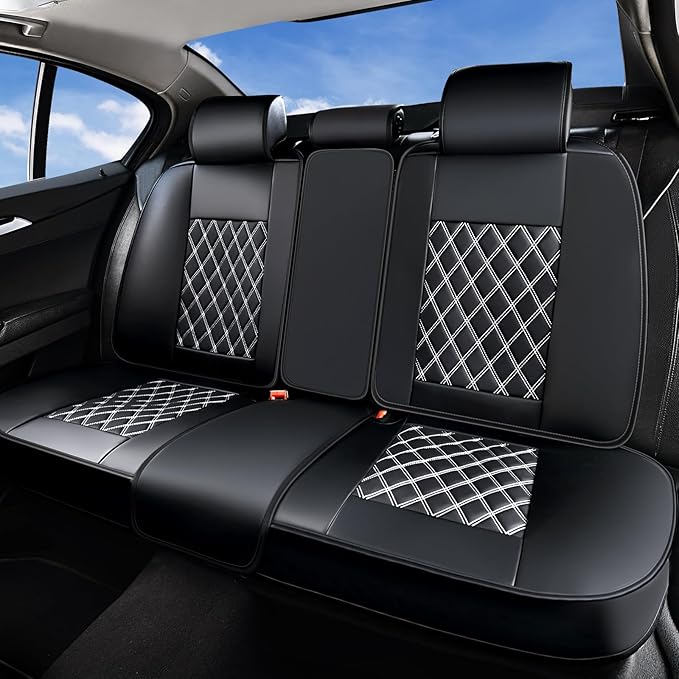 Huidasource Rear Bench Car Seat Covers, Waterproof Leather Back Seat Cushion Cover, Back Seat Cover Compatible Universal Fit for Most Cars Sedan SUV Pickup Truck (Back Row/Black&White)