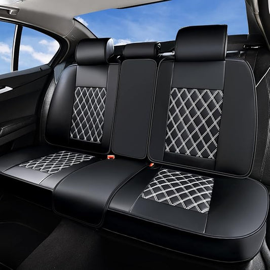Huidasource Rear Bench Car Seat Covers, Waterproof Leather Back Seat Cushion Cover, Back Seat Cover Compatible Universal Fit for Most Cars Sedan SUV Pickup Truck (Back Row/Black&White)