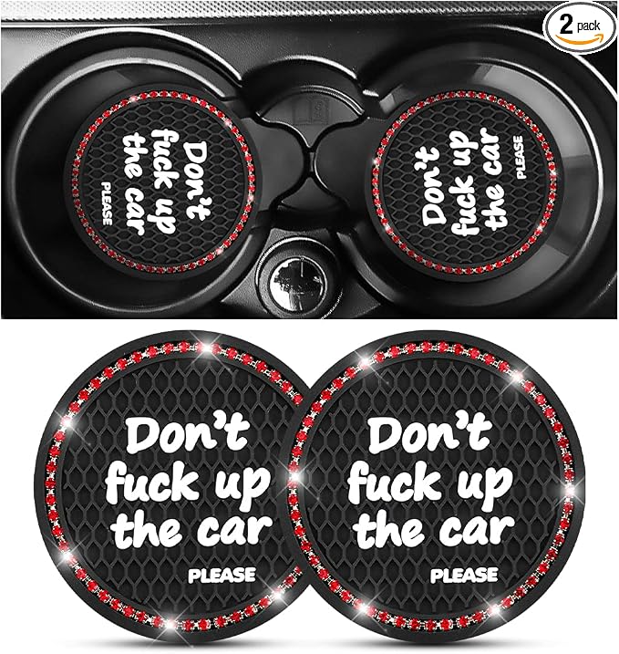 2 Pack Bling Car Coasters for Cup Holder, Crystal Rhinestone 2.75 in Cup Holder Coaster, Silicone Anti-Slip Insert Cup Mats for Women, Interior Accessories Universal for Most Cars (Black/Red)