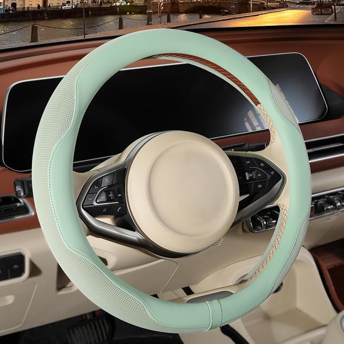 Nappa Leather Ice Silk Fabric Green Steering Wheel Cover | Non-Slip Breathable Soft Car Accessories, Warm in Winter and Cool in Summer, Small 13.5 inch to 14 inch for Prius Civic