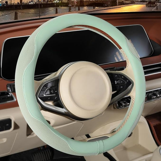 Nappa Leather Ice Silk Fabric Green Steering Wheel Cover | Non-Slip Breathable Soft Car Accessories, Warm in Winter and Cool in Summer, Small 13.5 inch to 14 inch for Prius Civic