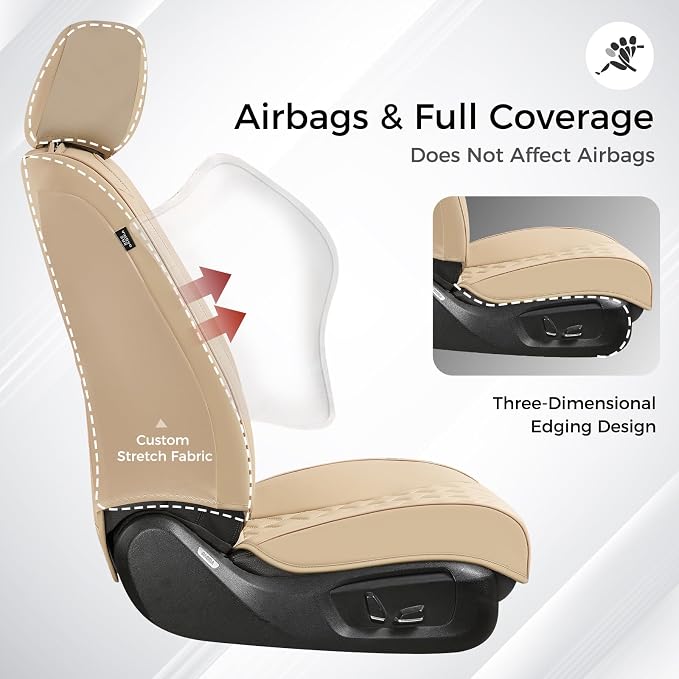 Huidasource Beige Seat Covers, Nappa Leather Car Seat Covers, Velcro Adjustable, Compatible with Airbags, Armrests, Child Seat, Universal Fit for Most Cars, Vans, Trucks, SUVs (Full Set/Beige)