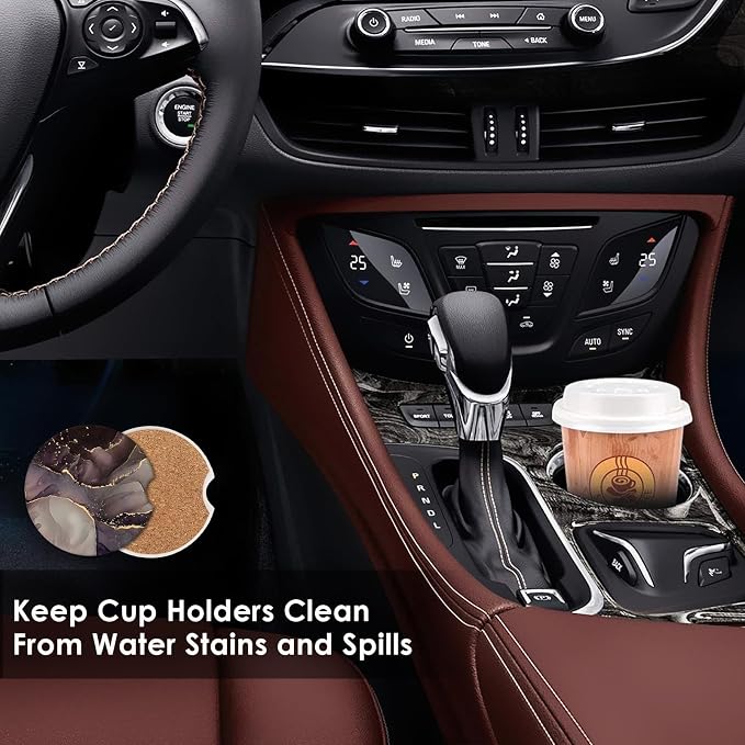 Britimes Absorbent Car Coasters 2 Pack for Cup Holders, 2.56" Ceramic Stone & Non-Scratch Cork Base Drink Coasters Purple Marble