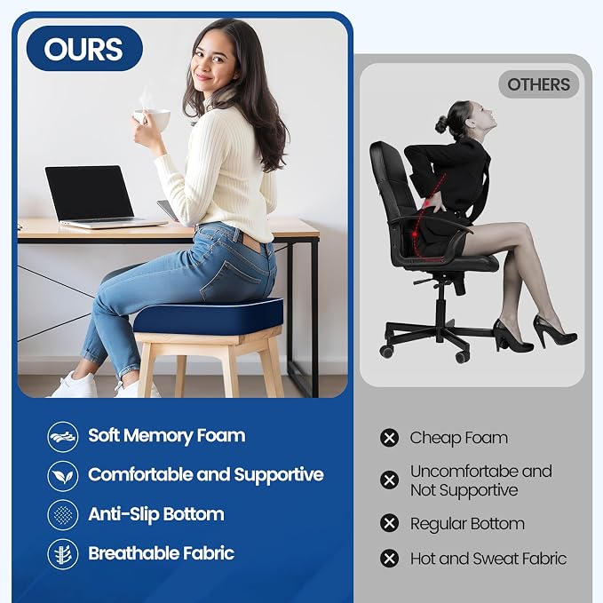 SweetSlubr Seat Cushion for Tailbone Pain Relief, Office Chair Cushion, Memory Foam Large Chair Pad with Non-Slip Cover for Soft Support at Office Chair, Car Seat, Airplane Dark Blue/X-Large