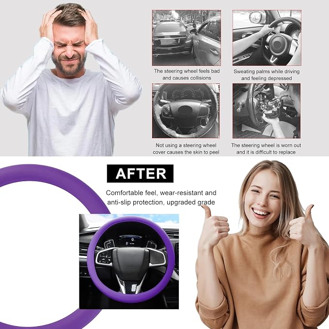 DXNQ Car Steering Wheel Cover, 13 to 14.17 inches Anti-Slip Silicone Steering Wheel Protector, Soft Flexible Shock-Absorbent Steering Wheel Protective Cover for Most Car Models (Purple)