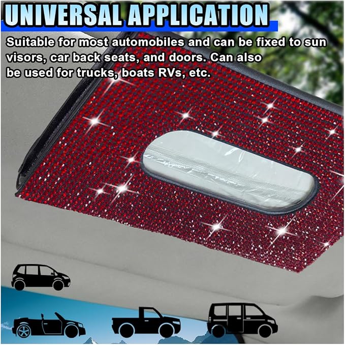Bling Car Sun Visor Tissue Box Holder, PU Leather Auto Paper Towel Cover, Glitter Crystal Rhinestone Napkin Holder, Car Decoration Accessories for Women (Black/Red)
