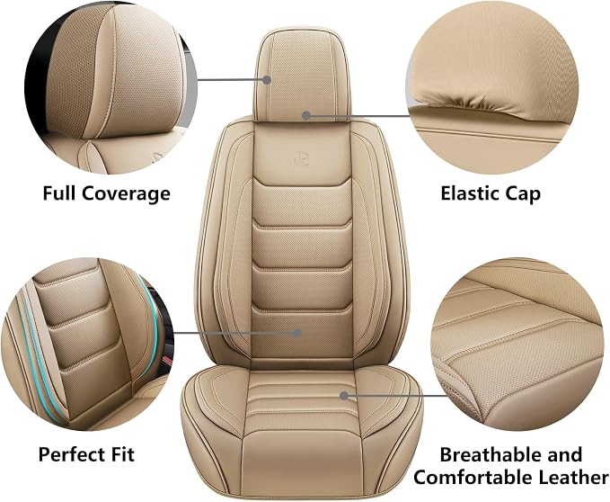 Full Coverage Faux Leather Car Seat Covers Full Set,Automotive Seat Covers for Cars,SUVs Pick-up Truck, Car Seat Cushion, Beige Seat Covers for 5 Seats,Car Seat Protector