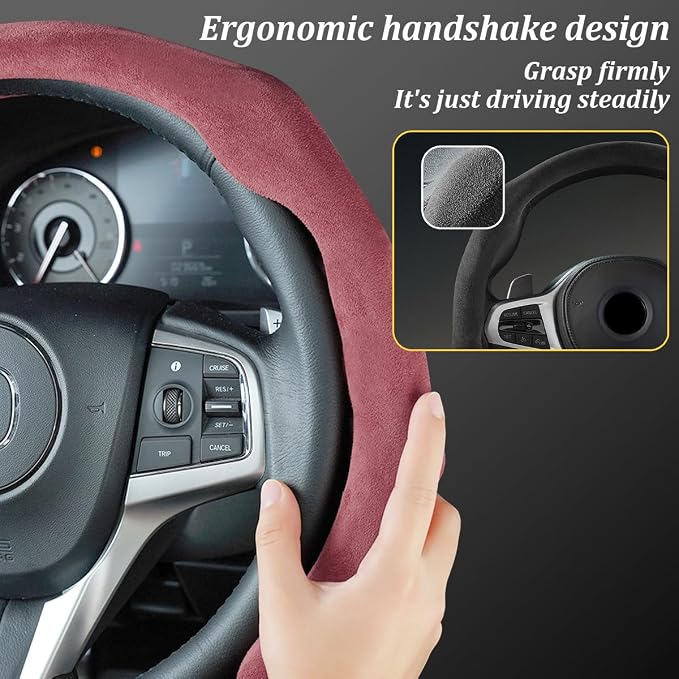 Car Steering Wheel Cover, Soft Brethable Suede Non-Slip Vehicle Steering Wheel Protector, Comfortable Sporty Auto Interior Protection Accessories, Universal for Truck SUV Van (Bordeaux Red)