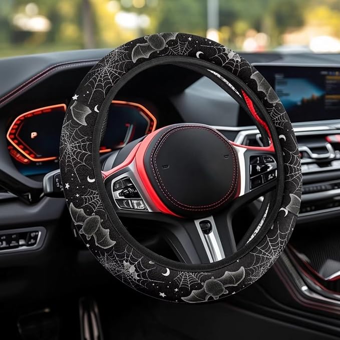 AFPANQZ Automotive Steering Wheel Covers for Driver Universal 14 to 15 in | Bat Spider Web Print Steering Wheel Protector with Cloth for Women, Keep Warm Comfort Grip, Sweat Absorption Neoprene